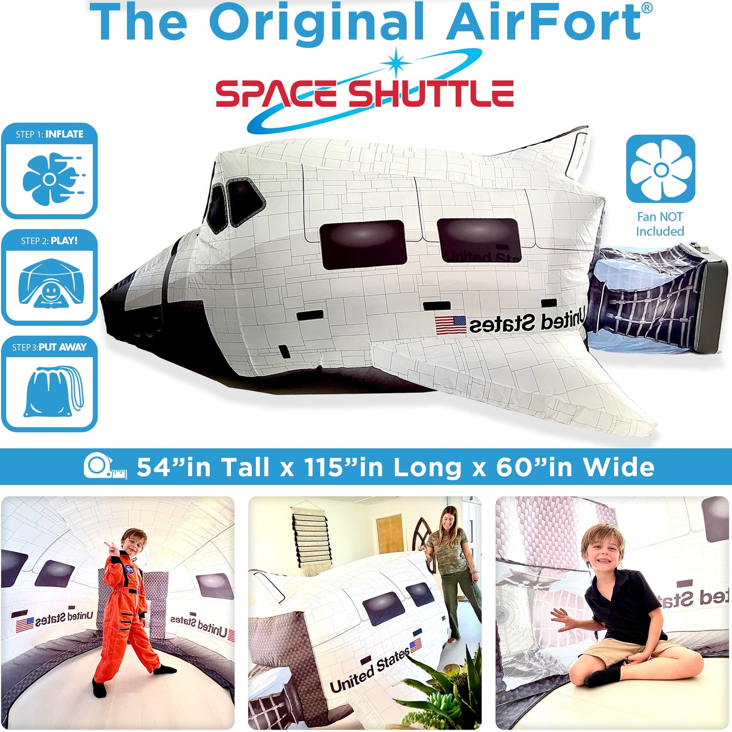 Information graphic showing the dimensions, features, and quick setup of the Space Shuttle play tent.