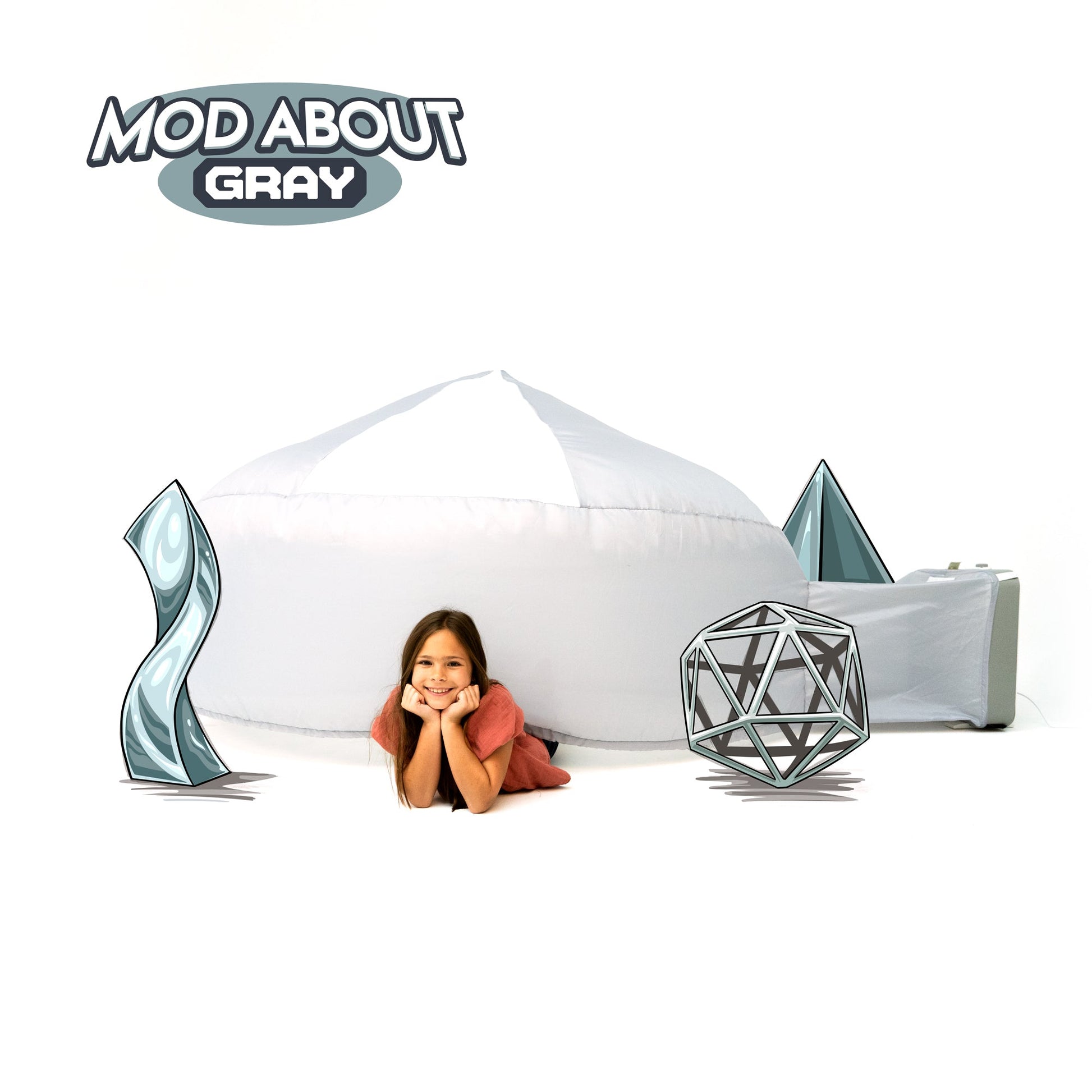 Graphic showing a young girl resting inside the Mod About Gray AirFort surrounded by modern, geometric wireframe shapes.