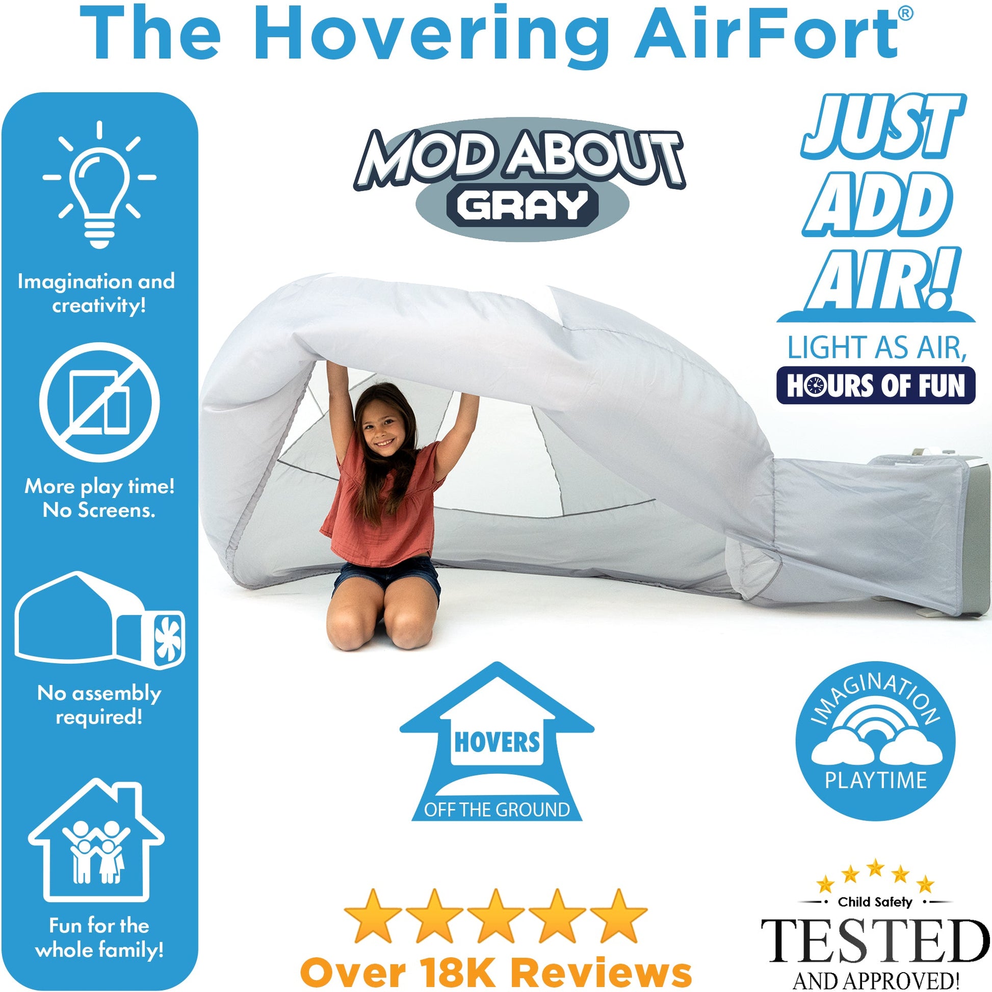 Product feature graphic highlighting the hovering AirFort design, air-flow functionality, and mesh safety divider.