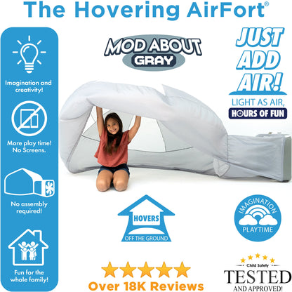 Product feature graphic highlighting the hovering AirFort design, air-flow functionality, and mesh safety divider.