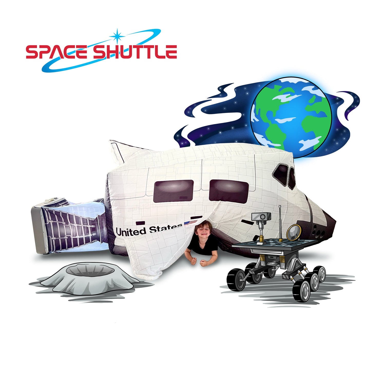 Graphic showing the Space Shuttle AirFort surrounded by fun space illustrations like the Earth and a lunar rover.