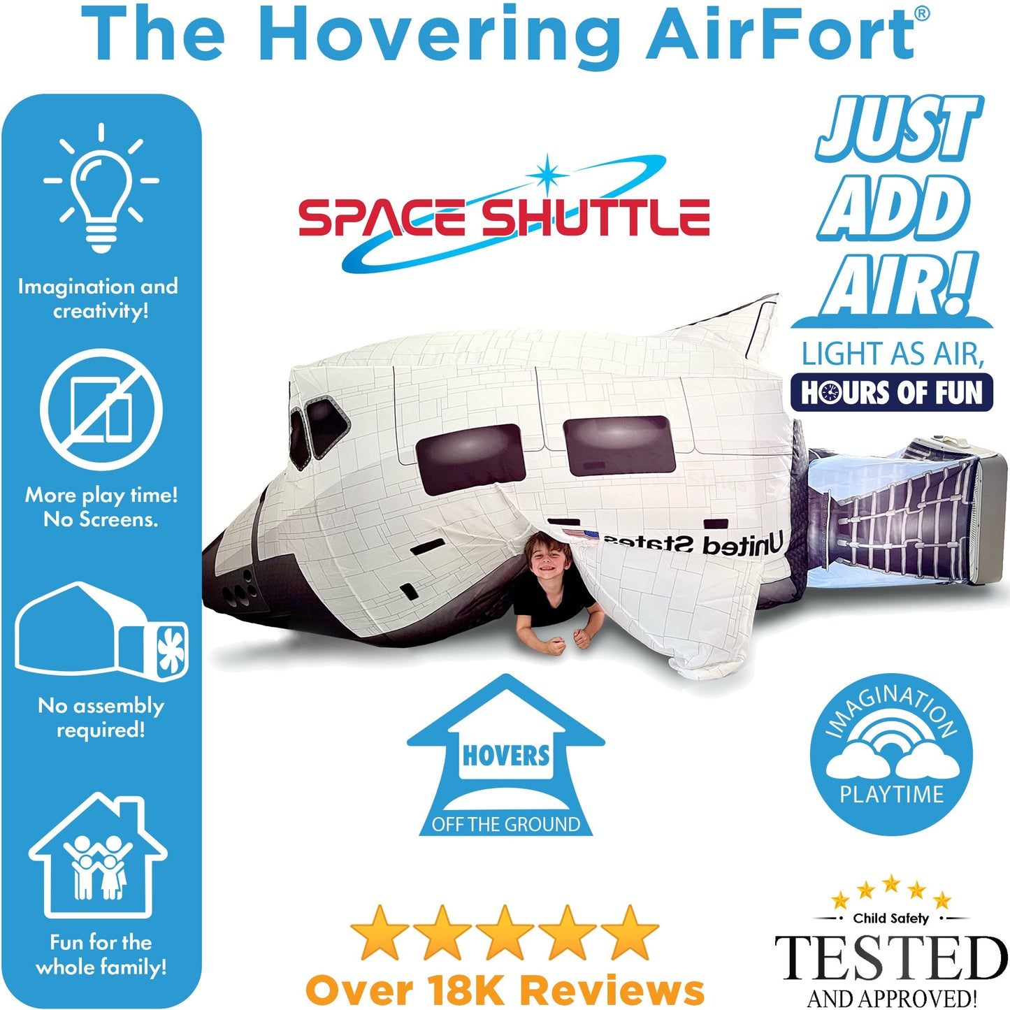 Product feature graphic highlighting the hovering AirFort design, air-flow functionality, and mesh safety divider.