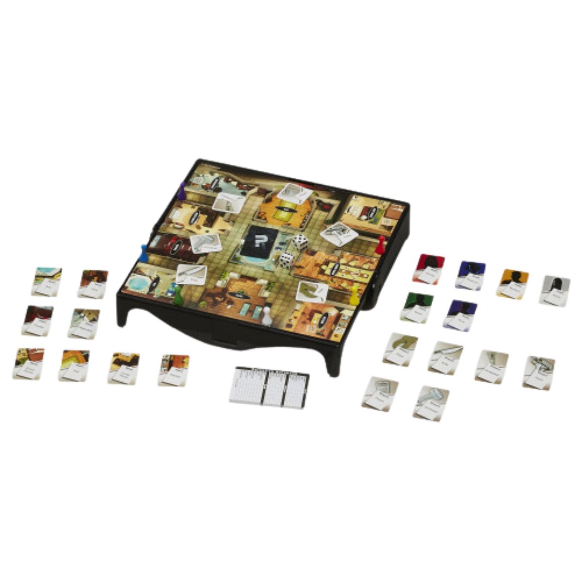 The portable Clue travel board game laid out flat with suspect cards, room cards, and tokens arranged on both sides.