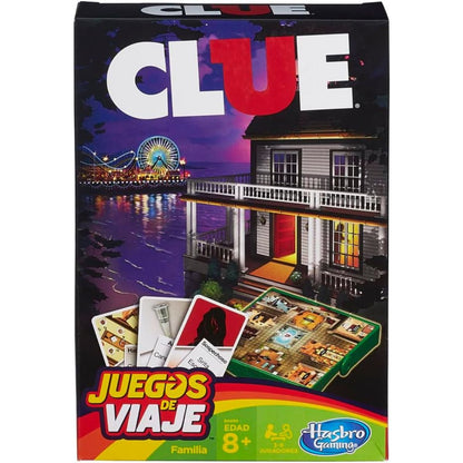 Front view of the Clue Grab and Go travel game box showing the iconic mansion artwork and a yellow bilingual travel banner label.