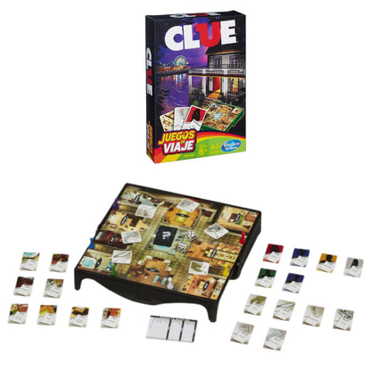 Clue Grab and Go travel size board game packaging box displayed above the open miniature gameboard and sorted card components.