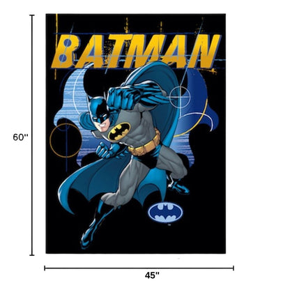 Dimension graphic showing the Batman fleece throw blanket measuring 45 inches wide by 60 inches tall.