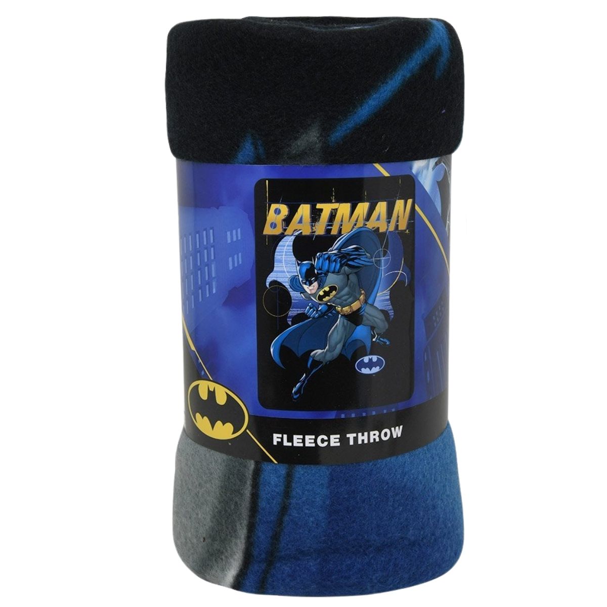 The DC Comics Batman fleece blanket tightly rolled and packaged with a branded paper wrap.
