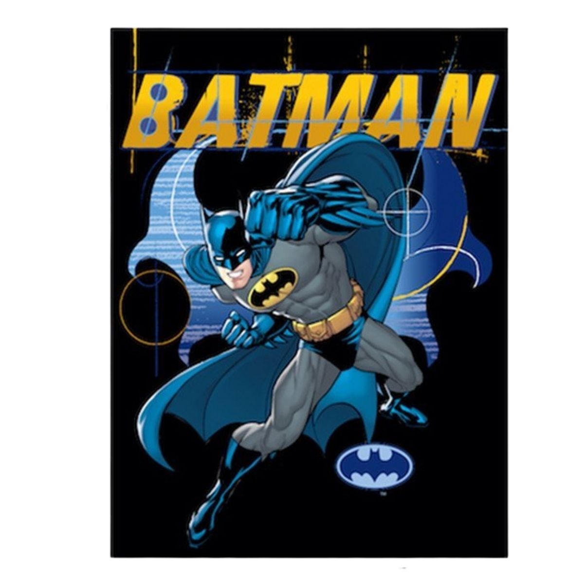 Full flat view of the DC Comics Batman fleece blanket featuring an action graphic of the Dark Knight and a large yellow logo.