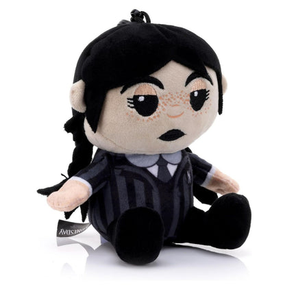 Angled left view of the Wednesday Addams plush Bluetooth speaker highlighting her braids and soft fabric body.