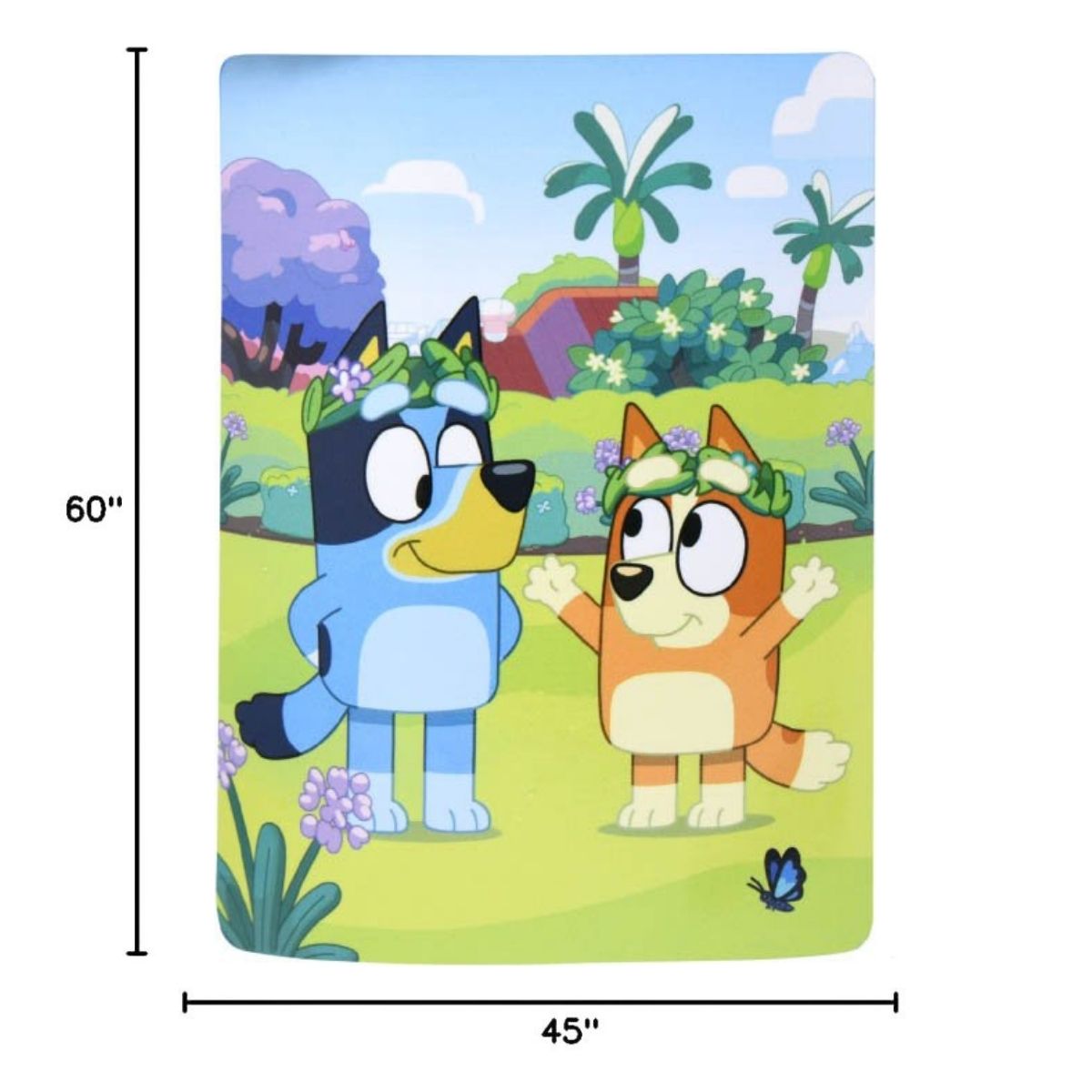 Sizing graphic for the Bluey and Bingo blanket showing the full vibrant outdoor character design, indicating a total size of 45 inches wide by 60 inches long.