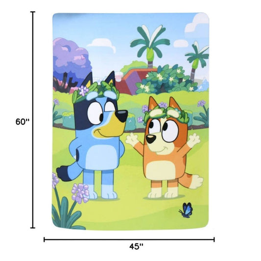 Sizing graphic for the Bluey and Bingo blanket showing the full vibrant outdoor character design, indicating a total size of 45 inches wide by 60 inches long.