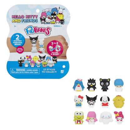 The FigBands Series 1 mystery packaging next to a sample set of miniature character wristband accessories.