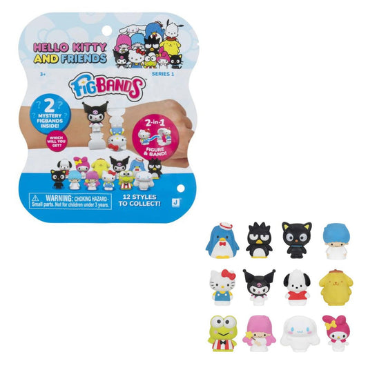 The FigBands Series 1 mystery packaging next to a sample set of miniature character wristband accessories.