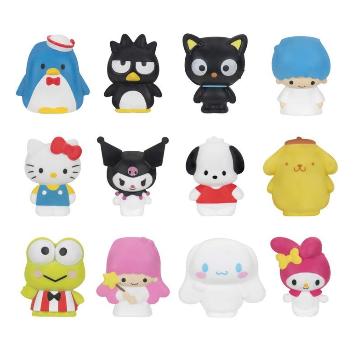 A lineup showing all 12 collectible Sanrio character figures from Series 1 including Hello Kitty, Kuromi, and Cinnamoroll.