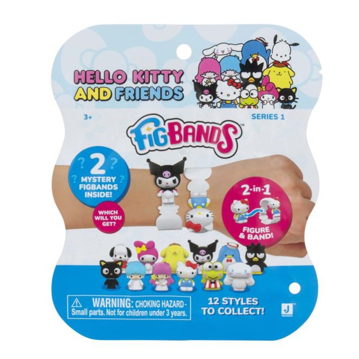 Sanrio Hello Kitty and Friends FigBands Series 1 mystery blind bag packaging showing cartoon characters across the top banner.
