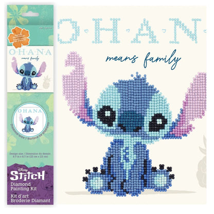 Tall green retail packaging box for the DIAMOND DOTZ Disney Stitch Ohana Means Family 8.7 by 8.7 inch diamond art kit.