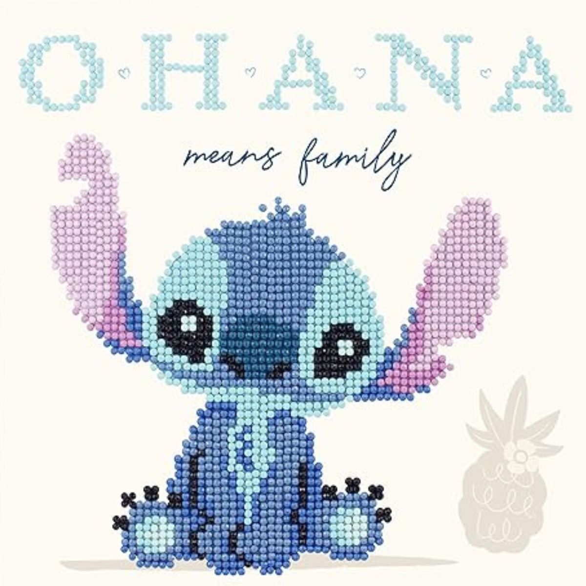 Finished DIAMOND DOTZ Disney Stitch diamond painting featuring Stitch sitting beneath the words "OHANA means family".