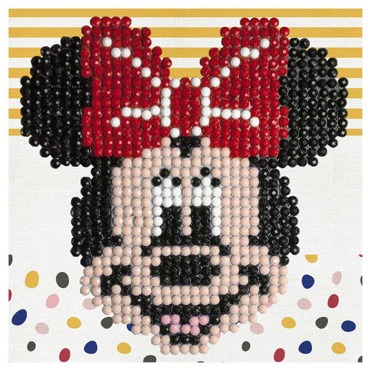 Finished Diamond Dotz Disney Minnie Mouse Fun diamond painting featuring Minnie's smiling face and red bow on a yellow striped and confetti background.