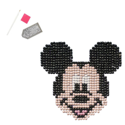 Mickey Mouse diamond painting design pattern alongside the included crafting tools: a stylus, pink wax, and a craft tray.
