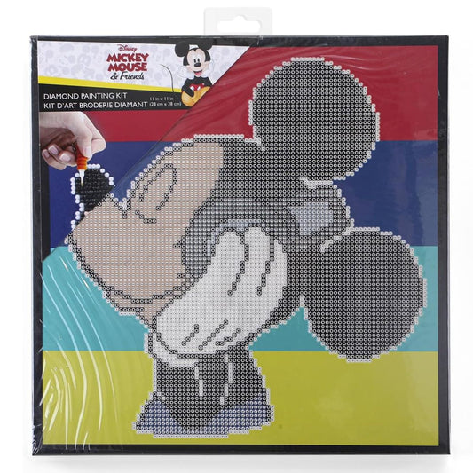 Uncompleted canvas and packaging for the 11 by 11 inch DIAMOND DOTZ Box Mickey Mouse Headphones framed diamond art kit.