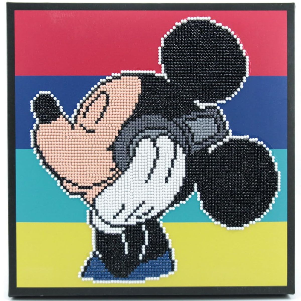 Finished DIAMOND DOTZ Box Disney Mickey Mouse Headphones diamond painting featuring Mickey listening to music on a colorful striped background.