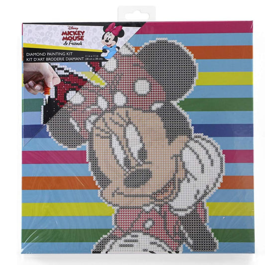 Uncompleted canvas and packaging for the 11 by 11 inch DIAMOND DOTZ Box Minnie Mouse Stripes framed diamond art kit.