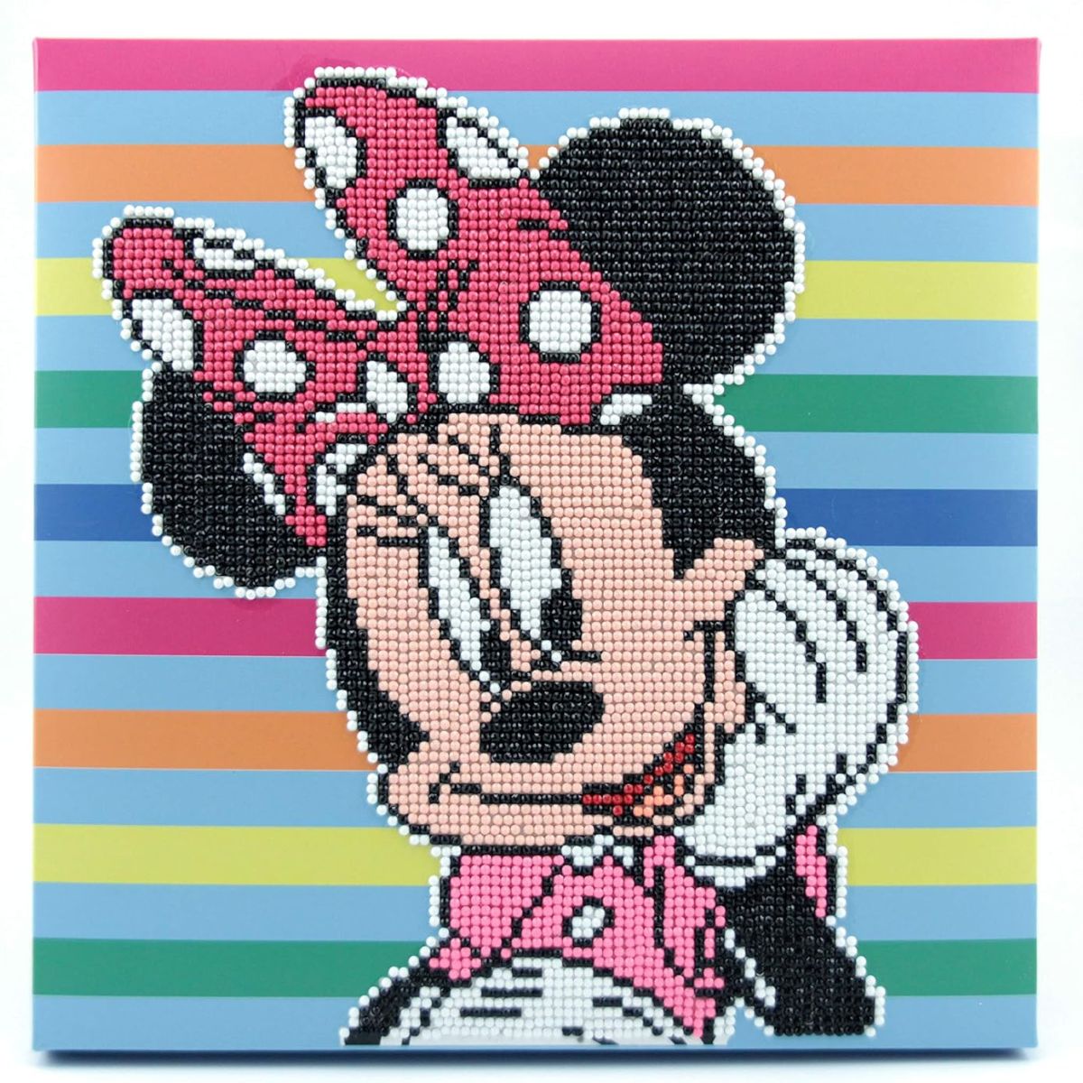 Finished DIAMOND DOTZ Box Disney Minnie Mouse Stripes diamond painting featuring Minnie on a colorful striped background.