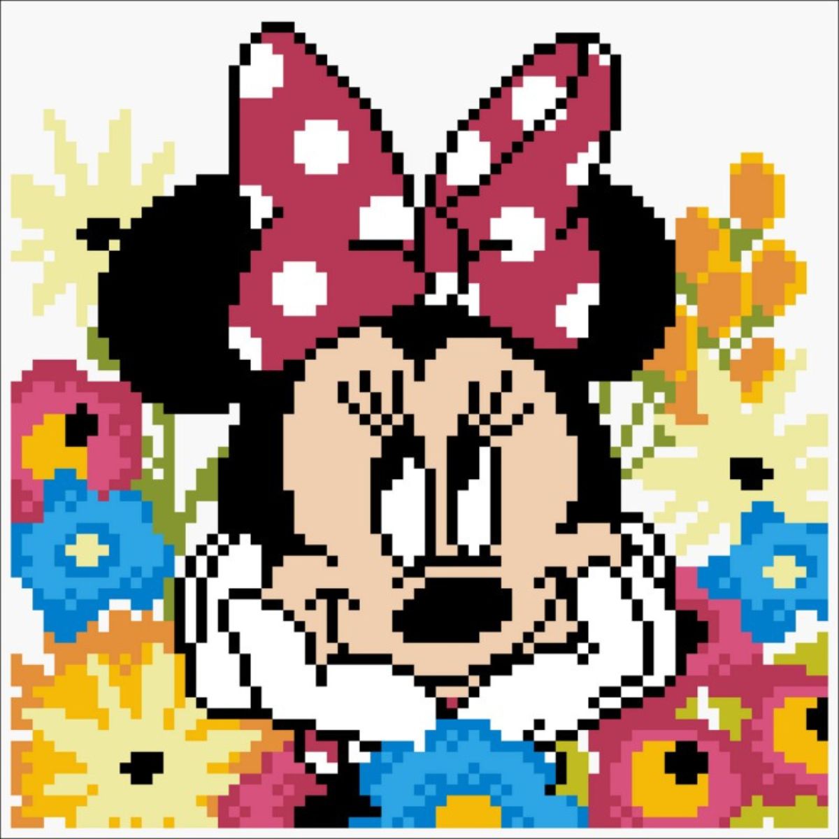 Graphic pattern of the Minnie Mouse Daydreaming diamond painting design highlighting the dot placement for the character and flowers.