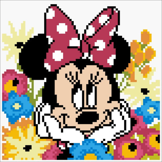 Graphic pattern of the Minnie Mouse Daydreaming diamond painting design highlighting the dot placement for the character and flowers.