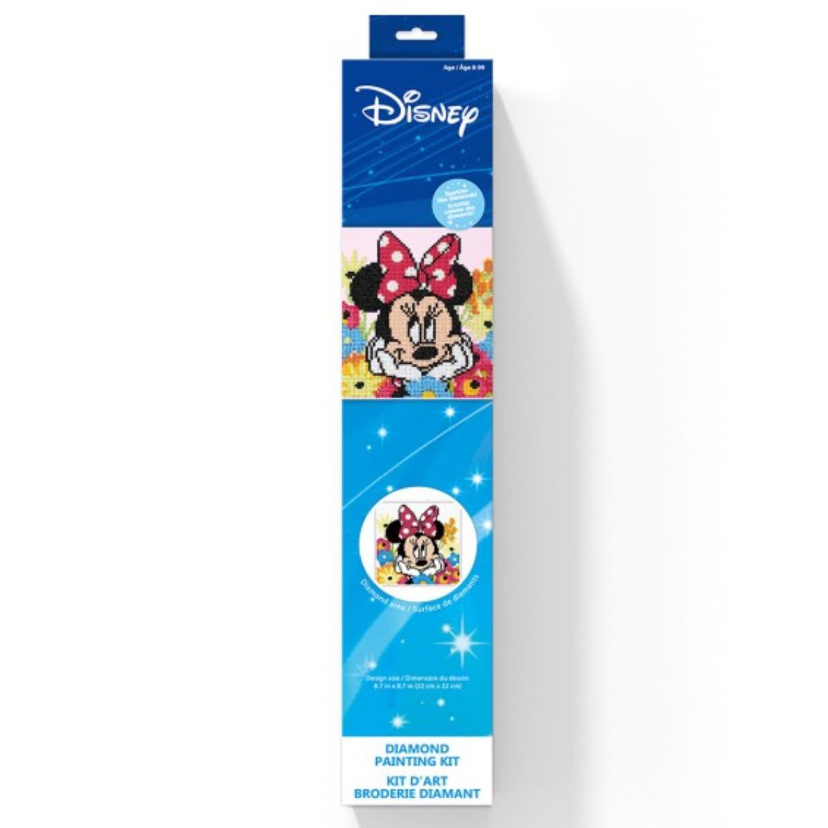 Long blue retail packaging tube for the DIAMOND DOTZ Disney Minnie Mouse Daydreaming 8.7 by 8.7 inch diamond art painting kit.