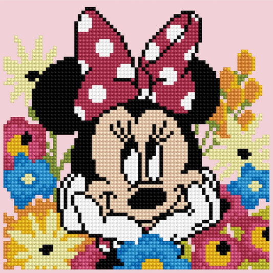 Finished DIAMOND DOTZ Disney Minnie Mouse Daydreaming diamond painting featuring Minnie surrounded by colorful blue, yellow, and pink flowers.