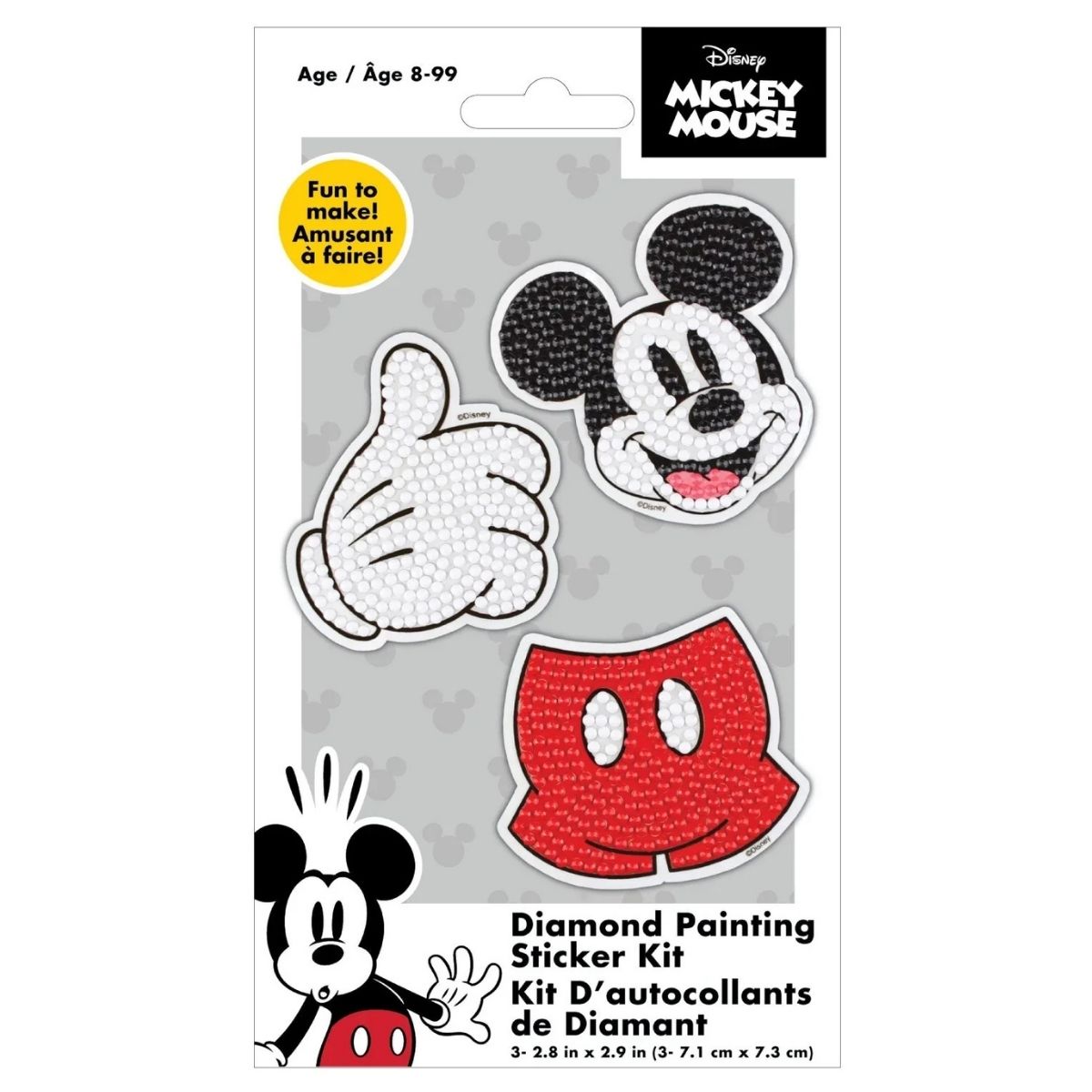 Front retail packaging for the DIAMOND DOTZ Disney Mickey Icons 3-piece diamond painting sticker kit.