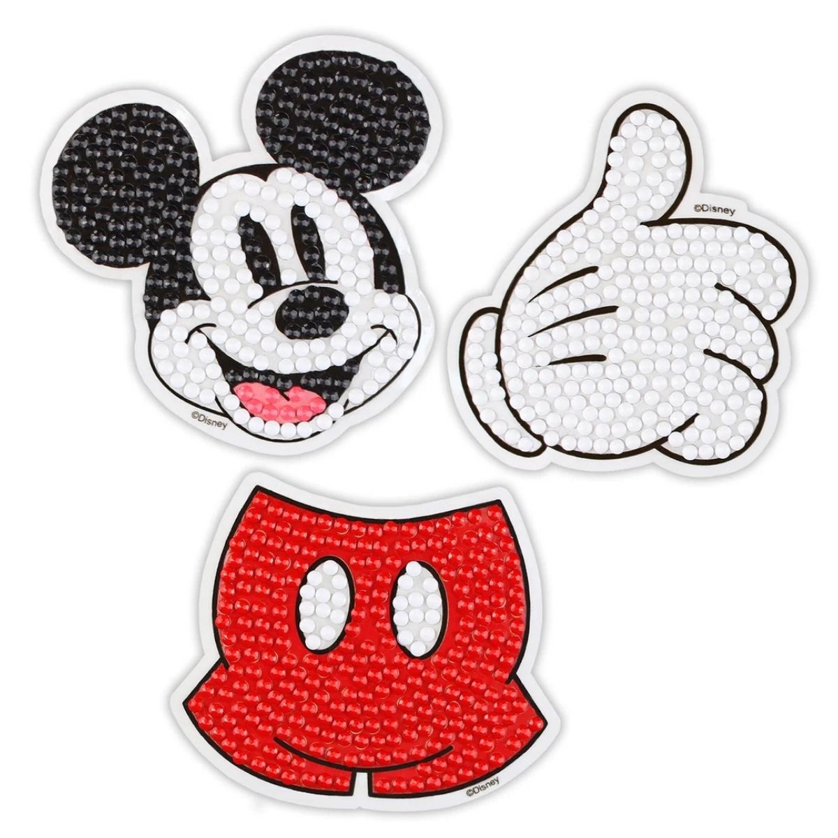 Completed DIAMOND DOTZ Disney Mickey Icons diamond painting stickers featuring Mickey's face, red shorts, and a thumbs-up glove.