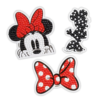 Completed DIAMOND DOTZ Disney Minnie Icons diamond painting stickers featuring Minnie's face, a polka dot silhouette, and a red bow.