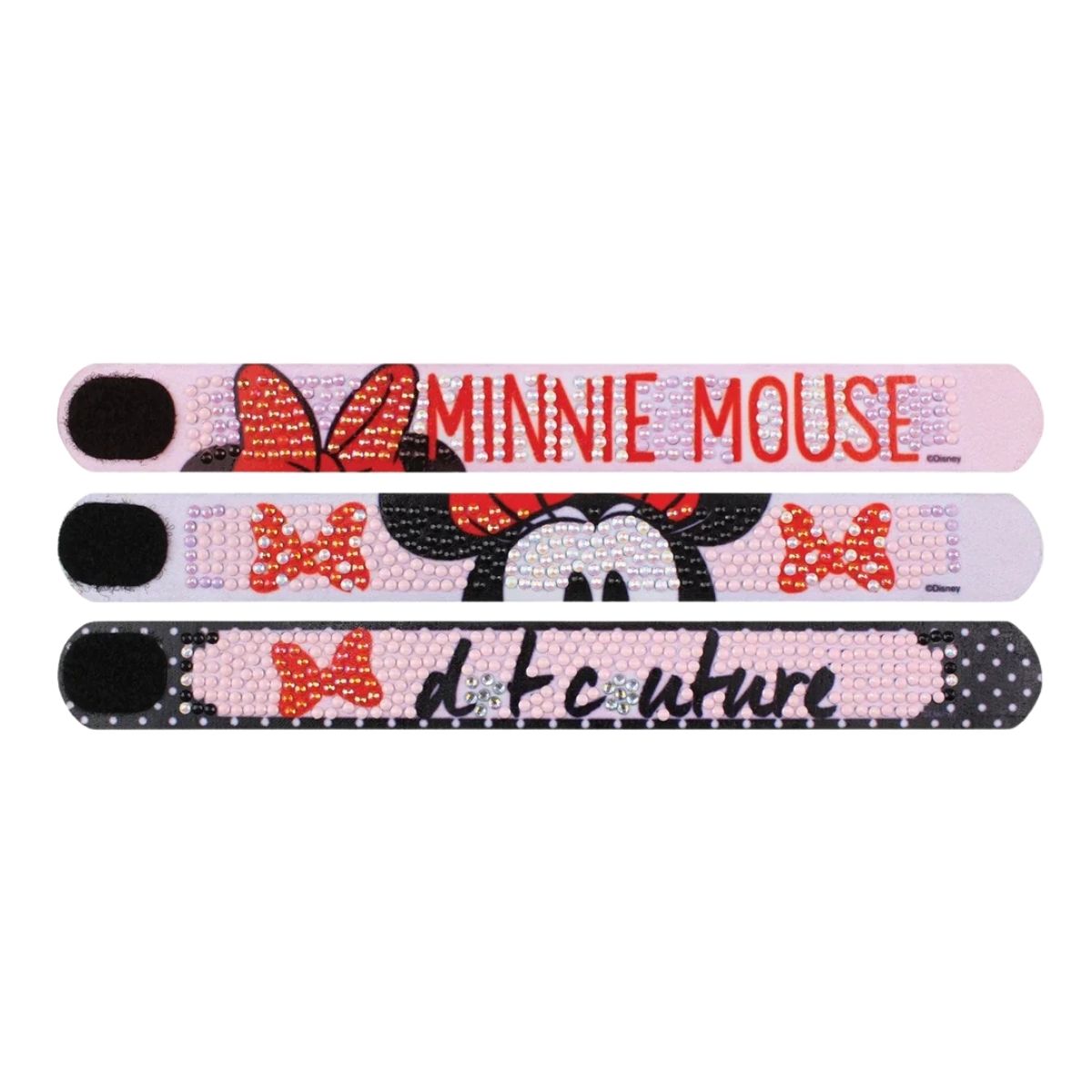 Horizontal view of the three Minnie Mouse Couture diamond painting bracelets highlighting the "Couture" and "MINNIE MOUSE" text designs.