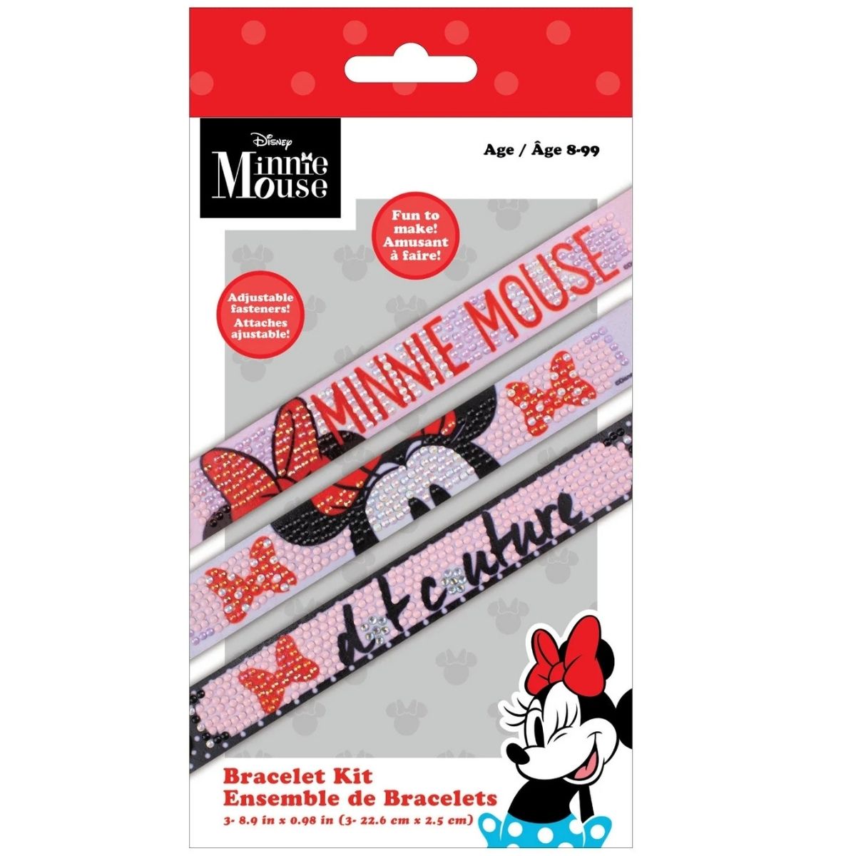 Front retail packaging for the DIAMOND DOTZ Disney Minnie Mouse Couture Dotzies 3-piece bracelet kit.