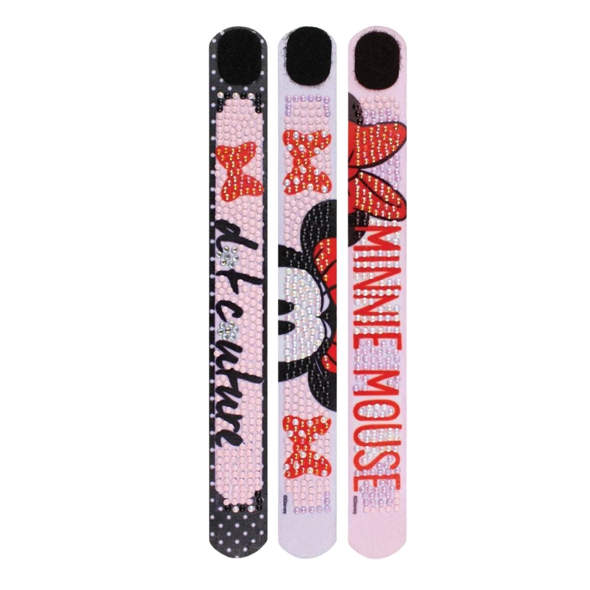 Three completed DIAMOND DOTZ Disney Minnie Mouse Couture diamond painting bracelets displayed vertically.