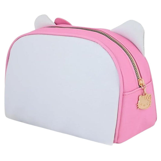 The angled side view of the Hello Kitty storage bag highlighting the solid hot pink back and side faux leather panels.