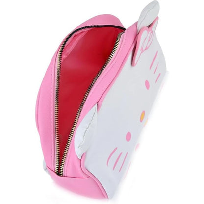 An open top-down view of the Hello Kitty travel pouch displaying the wide metallic gold zipper track and spacious deep pink interior.