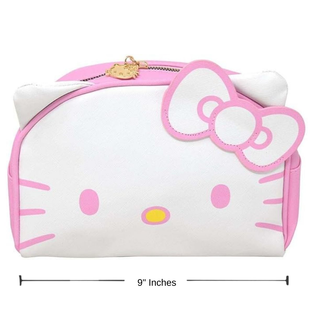 Front layout of the Hello Kitty zippered faux leather makeup pouch displaying a 9-inch width indicator graphic underneath.