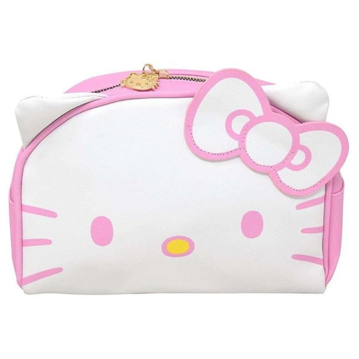 Sanrio Hello Kitty 9-inch faux leather cosmetic pouch showing the white character face, 3D ears, and large pink bow.