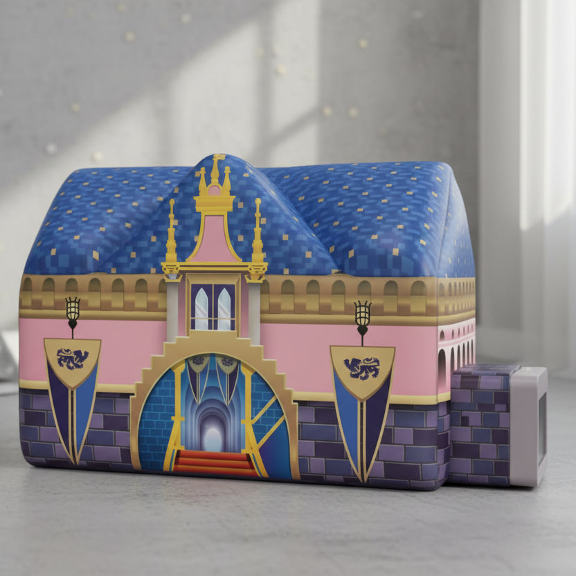 Children's inflatable castle playhouse with princess design on a pink floor and wall.