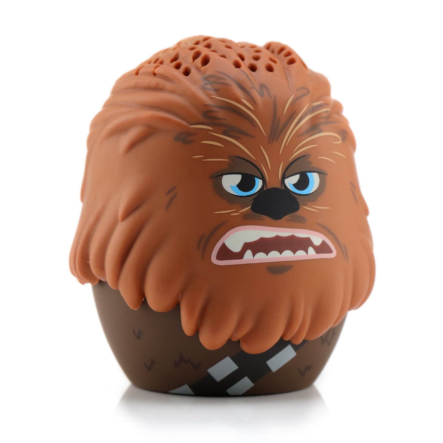 Angled left view of the Chewbacca mini speaker highlighting his textured molded fur and silver and black bandolier strap on the base.