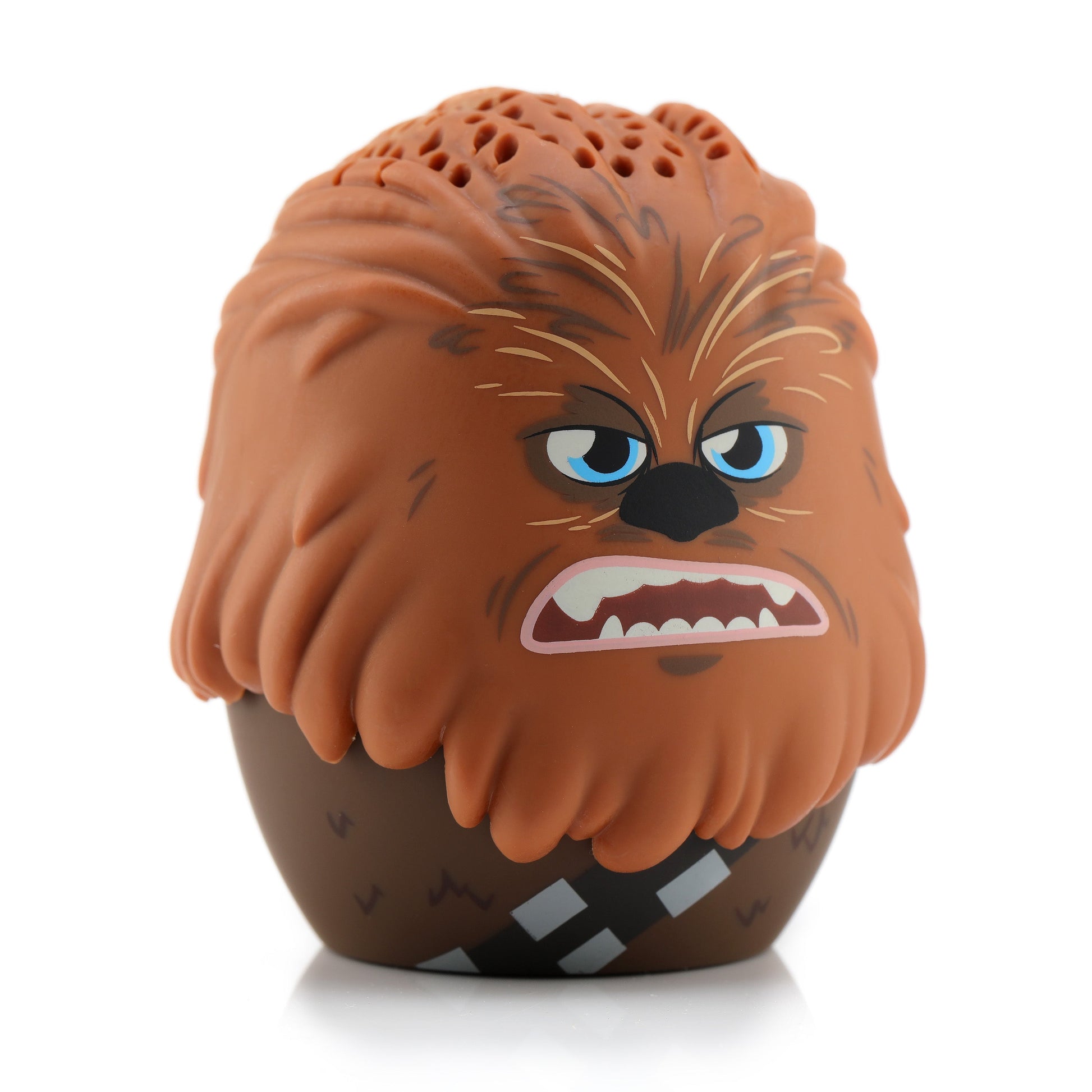 Angled left view of the Chewbacca mini speaker highlighting his textured molded fur and silver and black bandolier strap on the base.