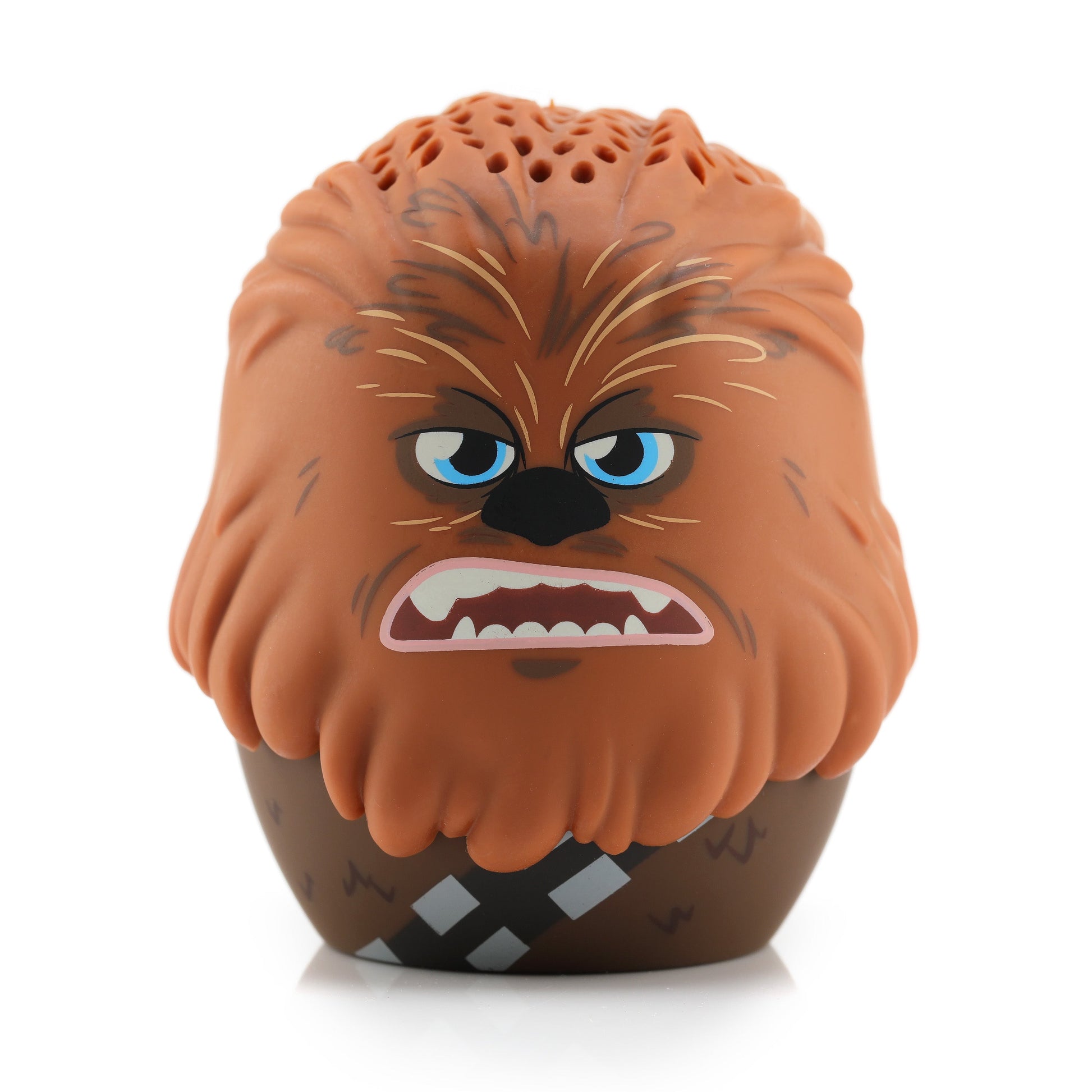 Front view of the Bitty Boomers Star Wars Chewbacca mini Bluetooth speaker featuring his brown fur, blue eyes, teeth bared in a roar, and classic bandolier.