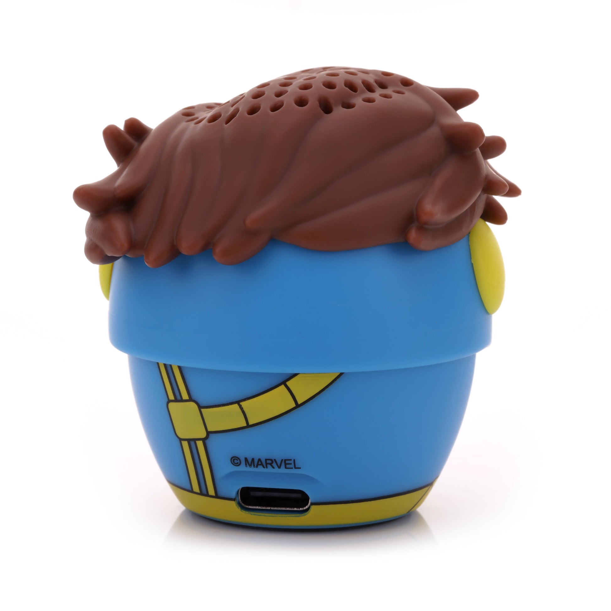 Back view of the Cyclops speaker showing his yellow harness straps, textured hair covering the top speaker grill, and lower charging port.