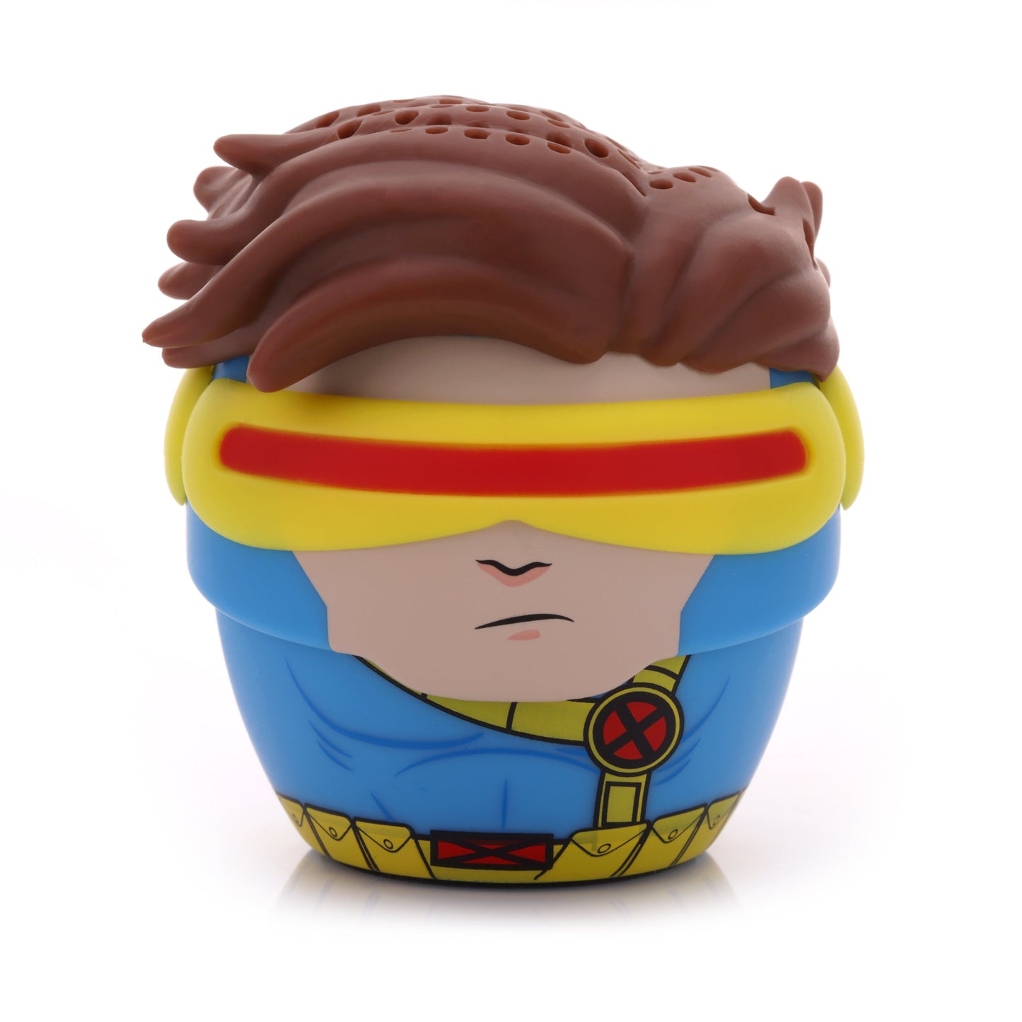 Front view of the Bitty Boomers Marvel X-Men Cyclops mini Bluetooth speaker featuring his classic blue uniform and yellow ruby-quartz visor.