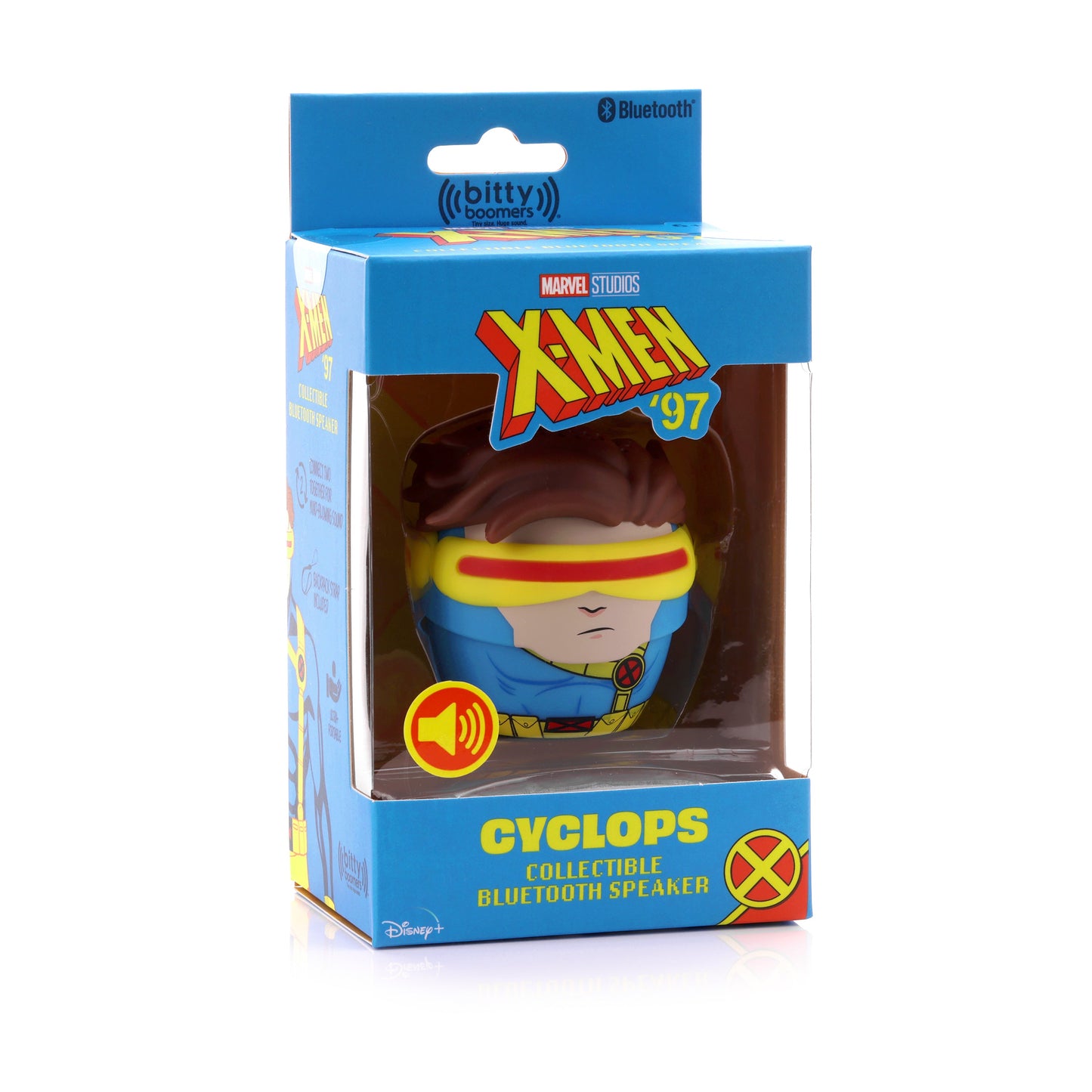 Front view of the Cyclops mini Bluetooth speaker inside its official blue and yellow Marvel X-Men '97 display packaging.