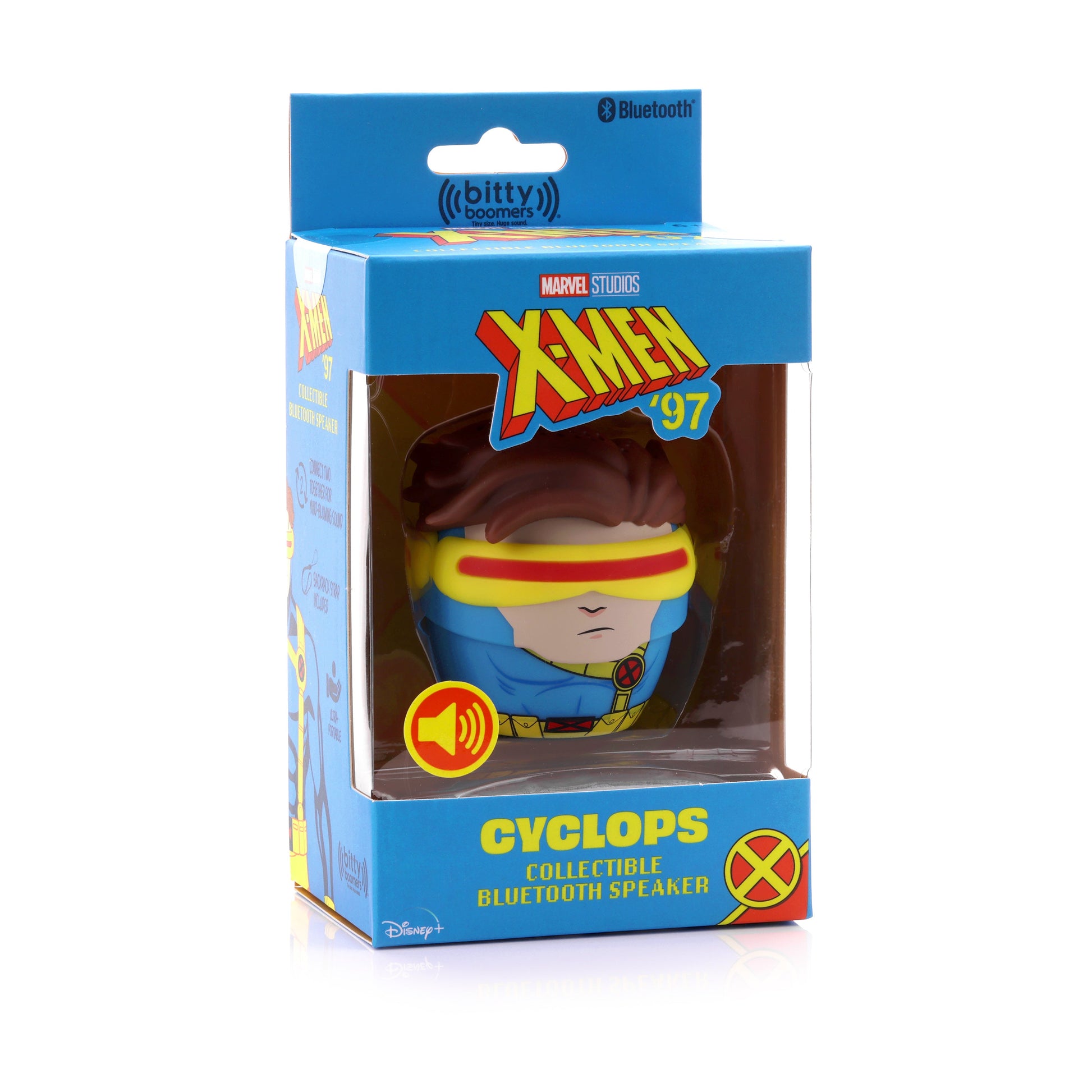 Front view of the Cyclops mini Bluetooth speaker inside its official blue and yellow Marvel X-Men '97 display packaging.