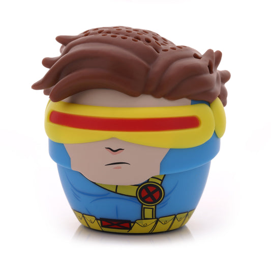 Angled left view of the Cyclops mini speaker showing his detailed brown hair and the red X-Men logo on his chest harness.